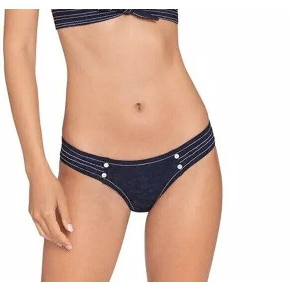 NWT ROBIN PICCONE Valeria Stitched Low Rise Bikini Bottom Indigo Blue‎ Size L